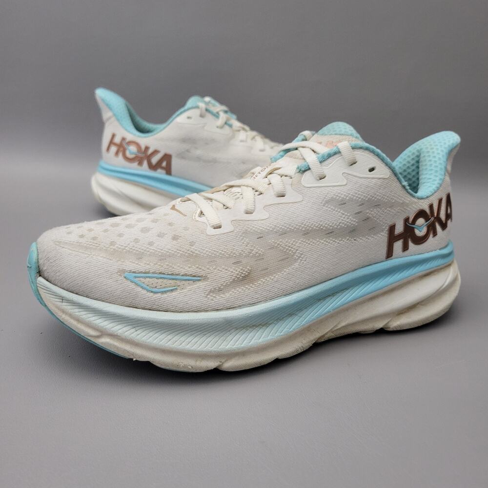 Hoka One One Clifton 9 Womens Size 9 White Blue Athletic Running Shoes Sneakers